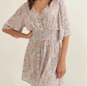 Promesa Mini Dress Womens Floral V-Neck Ruched Waist Powder Blue Medium M Rayon